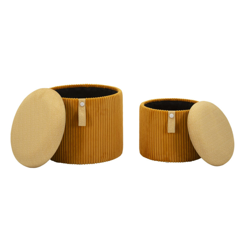 Pouf coffre rangement style art déco Rond Velours côtelé Jaune moutarde MDF Bolzano (Lot de 2) 