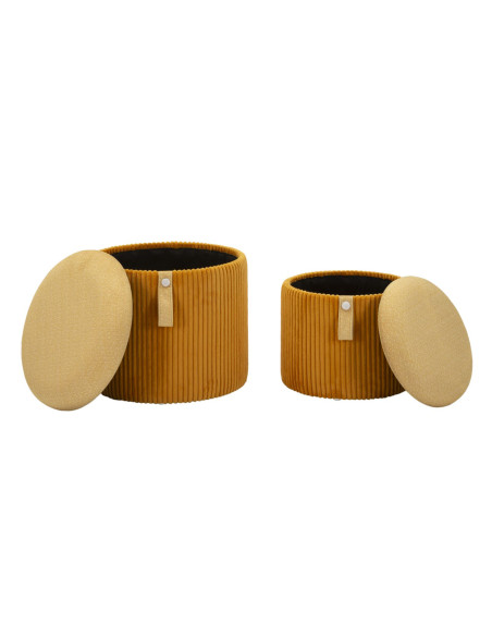 Pouf coffre rangement style art déco Rond Velours côtelé Jaune moutarde MDF Bolzano (Lot de 2) 