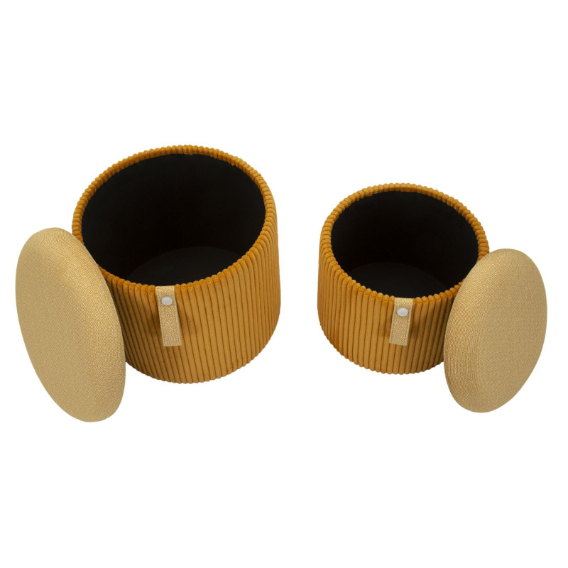 Pouf coffre rangement style art déco Rond Velours côtelé Jaune moutarde MDF Bolzano (Lot de 2) 