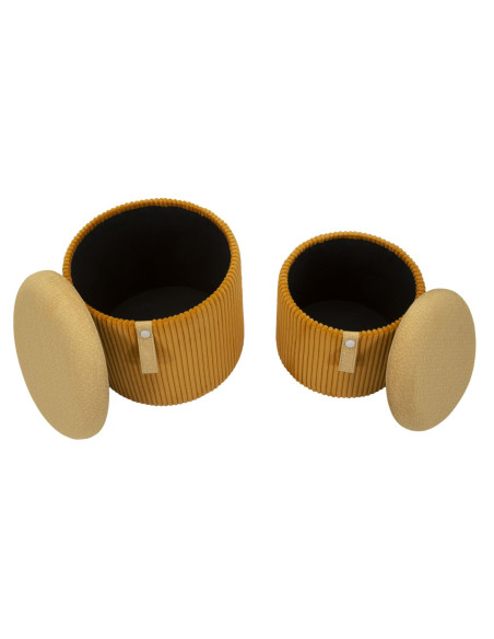 Pouf coffre rangement style art déco Rond Velours côtelé Jaune moutarde MDF Bolzano (Lot de 2) 