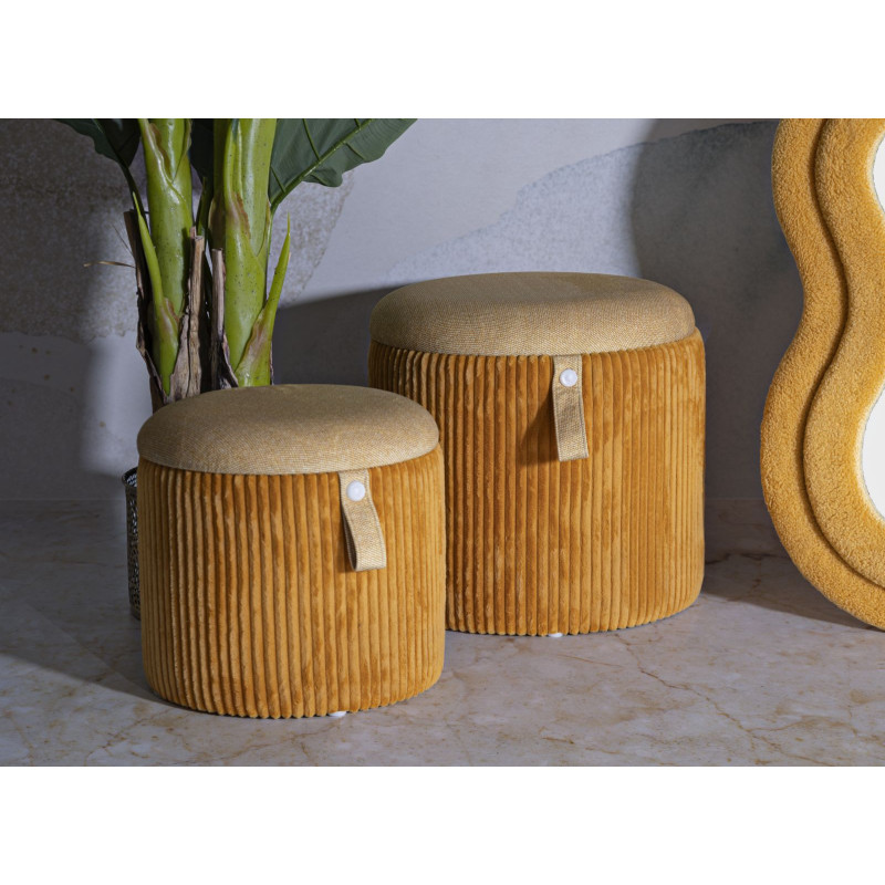 Pouf coffre rangement style art déco Rond Velours côtelé Jaune moutarde MDF Bolzano (Lot de 2) 
