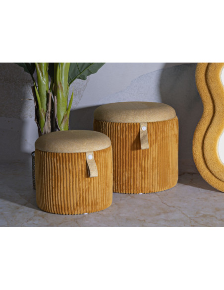 Pouf coffre rangement style art déco Rond Velours côtelé Jaune moutarde MDF Bolzano (Lot de 2) 