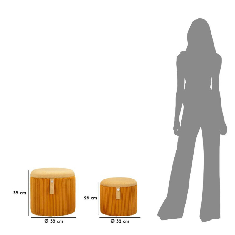 Pouf coffre rangement style art déco Rond Velours côtelé Jaune moutarde MDF Bolzano (Lot de 2) 
