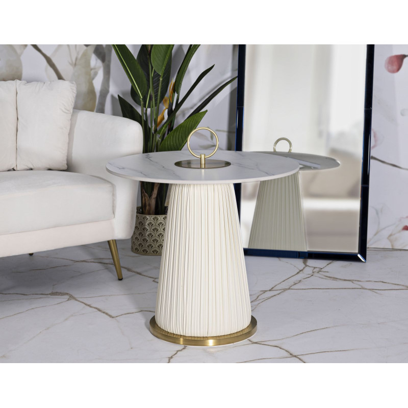 Table d'appoint moderne chic Ronde 60 cm Céramique Blanc Effet marbre Métal Blanc crème Doré Nova 