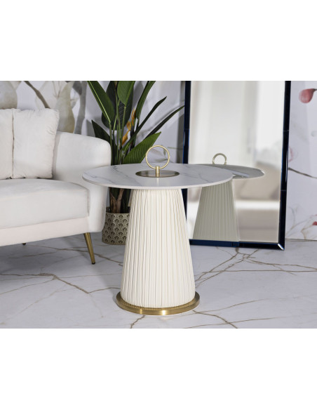 Table d'appoint moderne chic Ronde 60 cm Céramique Blanc Effet marbre Métal Blanc crème Doré Nova 