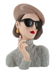 Statuette déco Femme avec pull & béret Hauteur 26 cm Résine Gris Beige Paris 
