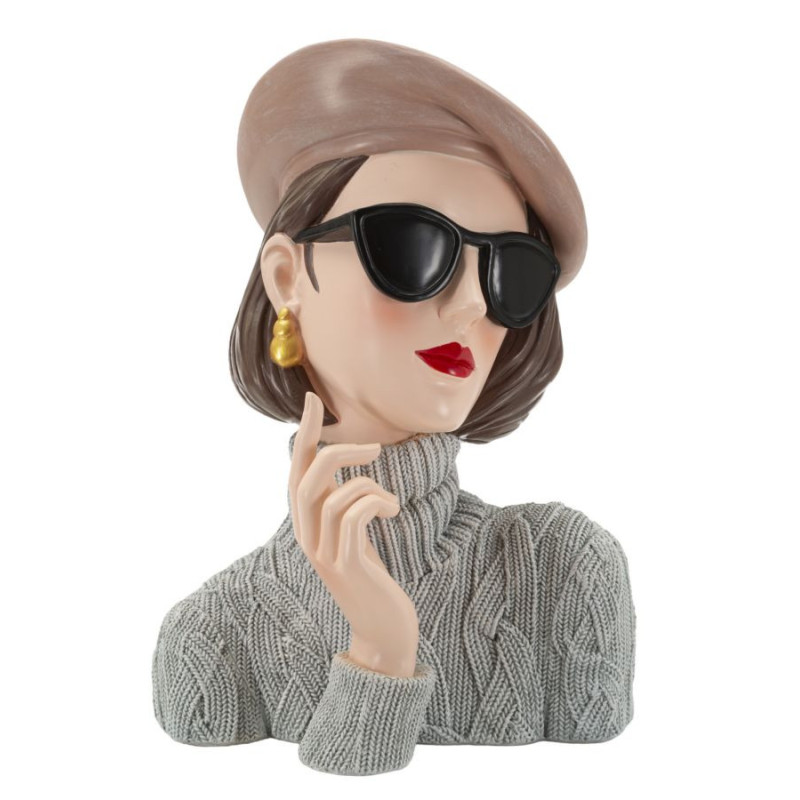 Statuette déco Femme avec pull & béret Hauteur 26 cm Résine Gris Beige Paris 