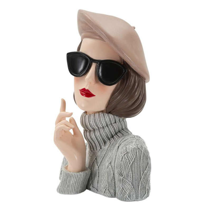 Statuette déco Femme avec pull & béret Hauteur 26 cm Résine Gris Beige Paris 