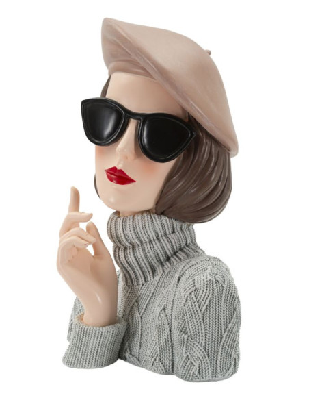 Statuette déco Femme avec pull & béret Hauteur 26 cm Résine Gris Beige Paris 