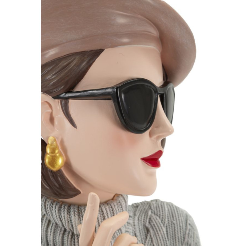 Statuette déco Femme avec pull & béret Hauteur 26 cm Résine Gris Beige Paris 