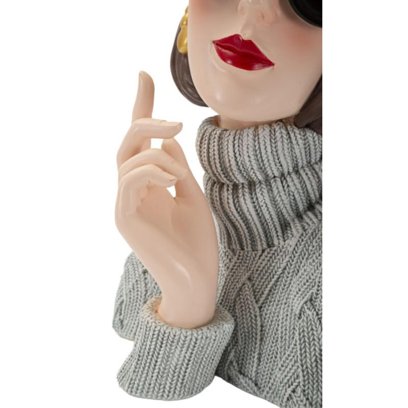 Statuette déco Femme avec pull & béret Hauteur 26 cm Résine Gris Beige Paris 