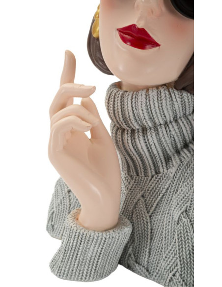 Statuette déco Femme avec pull & béret Hauteur 26 cm Résine Gris Beige Paris 