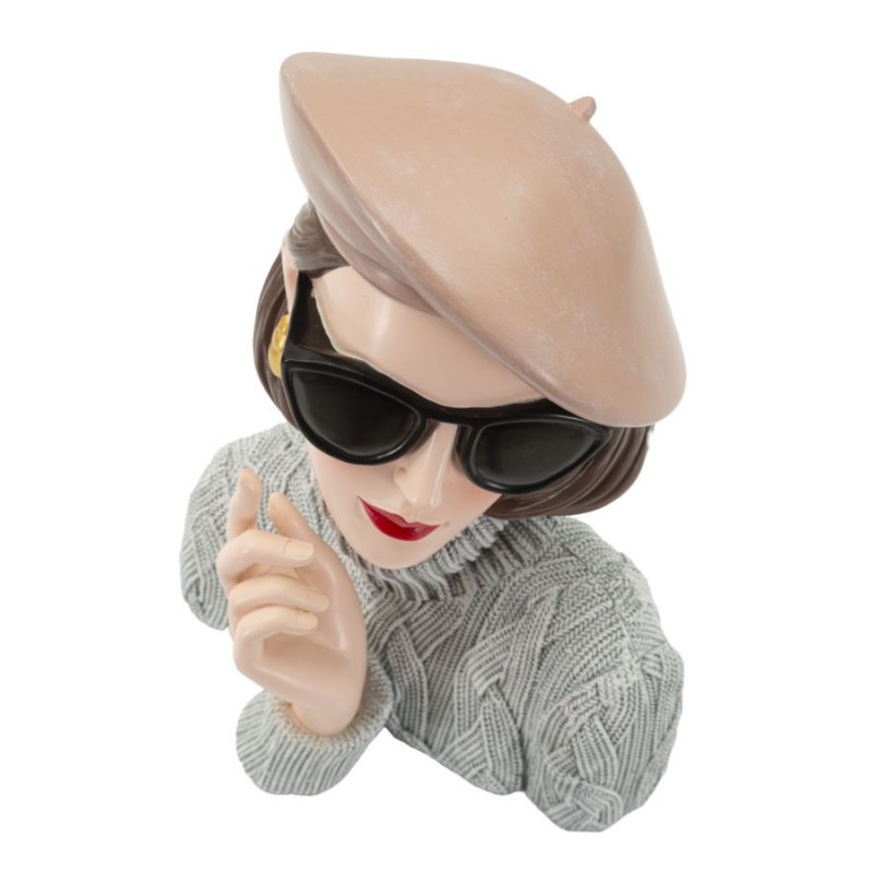 Statuette déco Femme avec pull & béret Hauteur 26 cm Résine Gris Beige Paris 