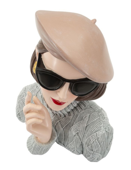 Statuette déco Femme avec pull & béret Hauteur 26 cm Résine Gris Beige Paris 