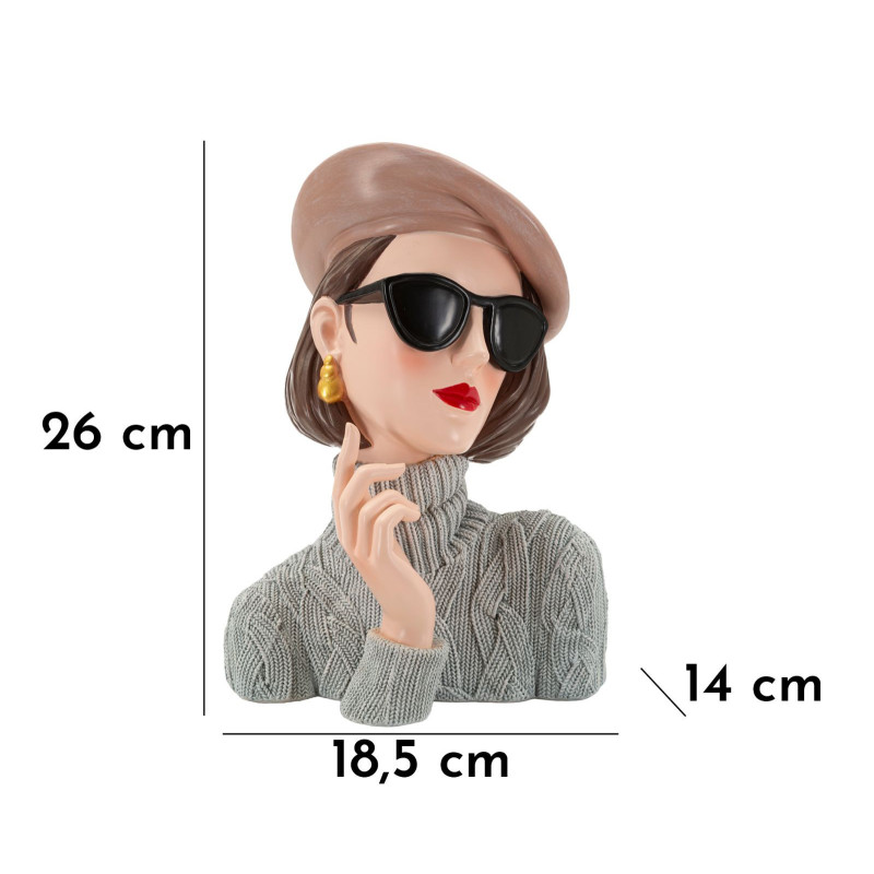 Statuette déco Femme avec pull & béret Hauteur 26 cm Résine Gris Beige Paris 