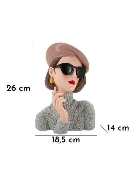 Statuette déco Femme avec pull & béret Hauteur 26 cm Résine Gris Beige Paris 