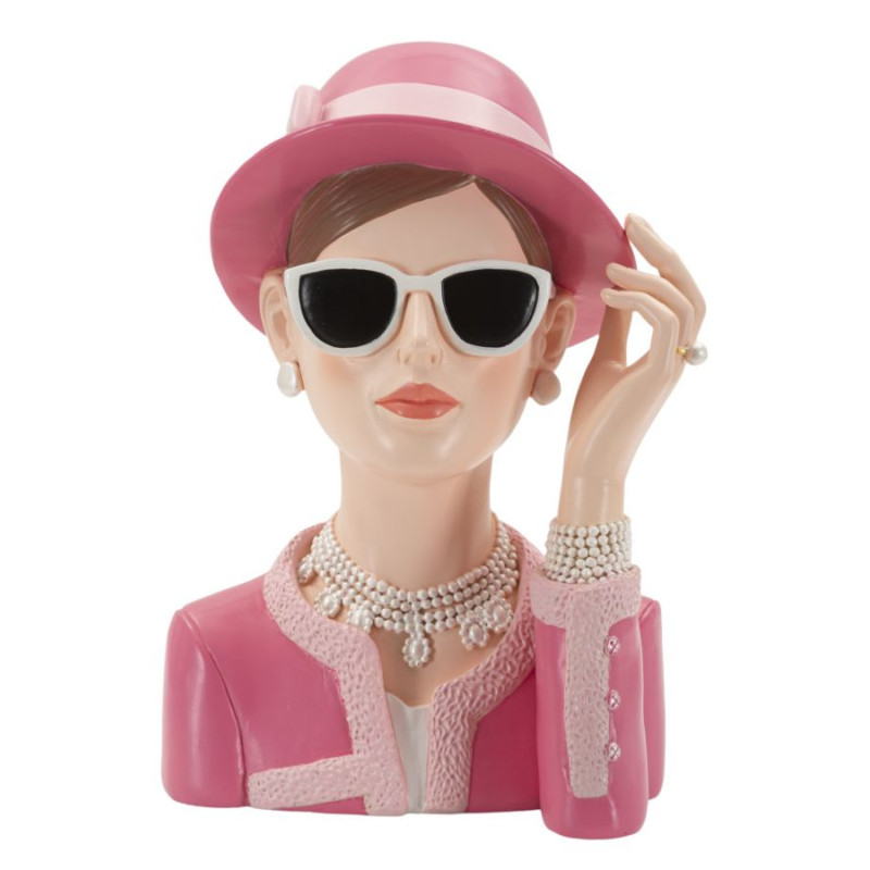 Statuette déco Femme chapeau chic Hauteur 26 cm Résine Rose Beige Paris 