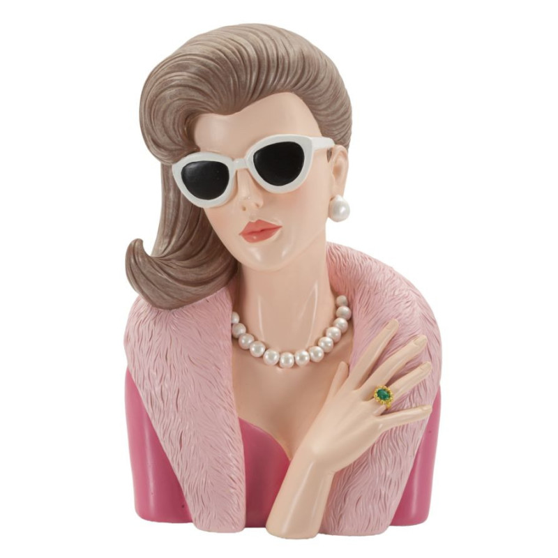 Statuette déco Femme manteau & lunettes Hauteur 28 cm Résine Rose Beige Paris 