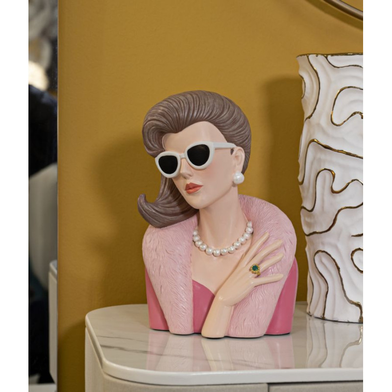Statuette déco Femme manteau & lunettes Hauteur 28 cm Résine Rose Beige Paris 