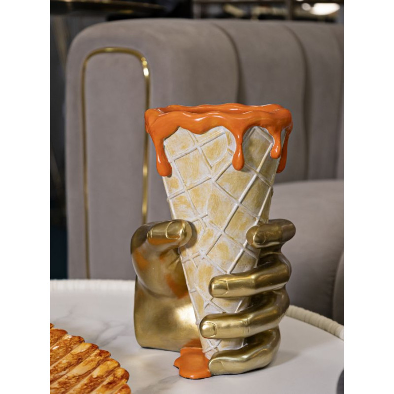 Cache pot design moderne Cornet à glace Hauteur 21 cm Résine Doré Beige Orange Cono 