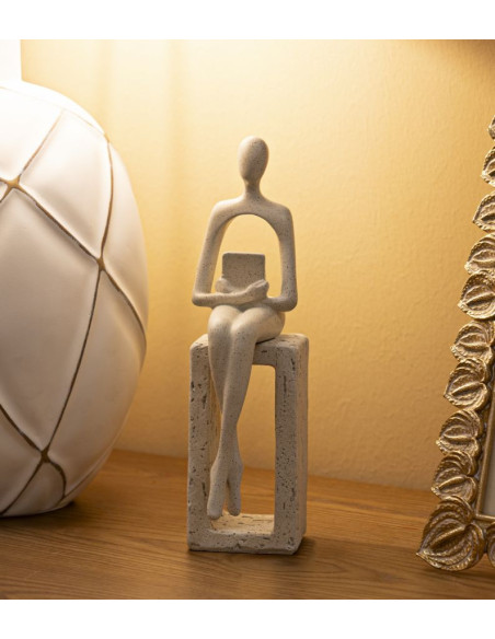 Statuette déco abstraite Personnage avec livre Hauteur 24 cm Résine Blanc crème Stons 
