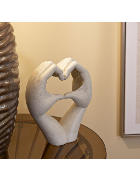 Sculpture moderne Mains Coeur Hauteur 20 cm Résine Blanc crème Stons 