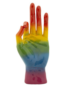 Statuette déco moderne Main Ok Hauteur 36 cm Résine Multicolore Motif Arc en ciel Rainbow 