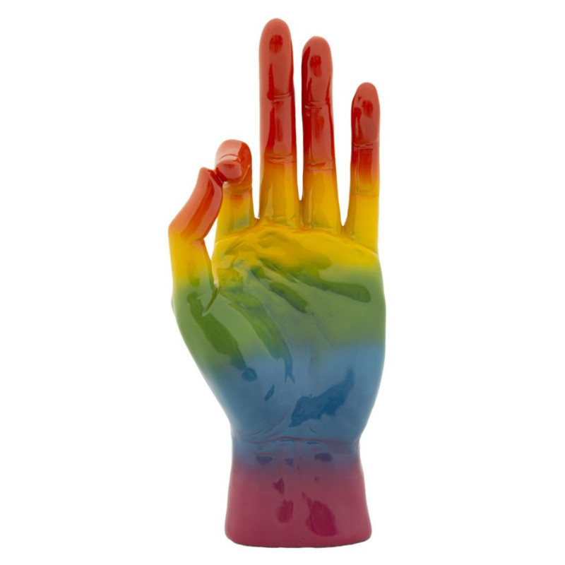 Statuette déco moderne Main Ok Hauteur 36 cm Résine Multicolore Motif Arc en ciel Rainbow 