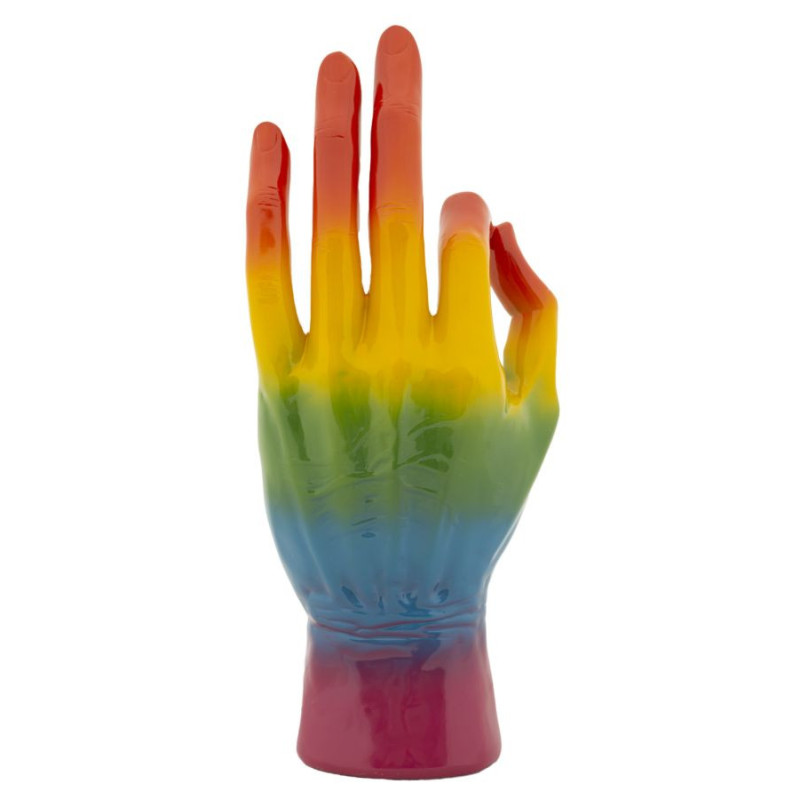 Statuette déco moderne Main Ok Hauteur 36 cm Résine Multicolore Motif Arc en ciel Rainbow 