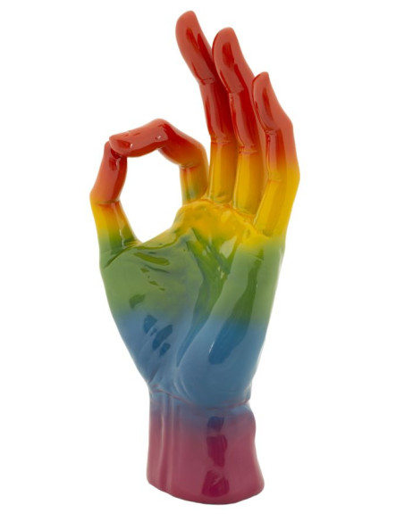 Statuette déco moderne Main Ok Hauteur 36 cm Résine Multicolore Motif Arc en ciel Rainbow 