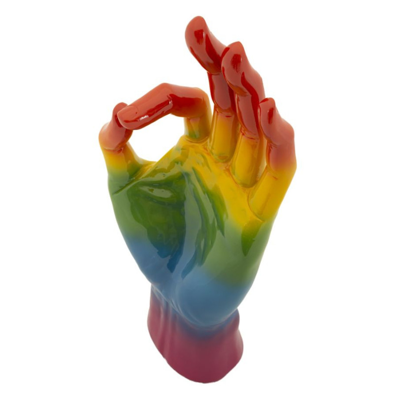 Statuette déco moderne Main Ok Hauteur 36 cm Résine Multicolore Motif Arc en ciel Rainbow 