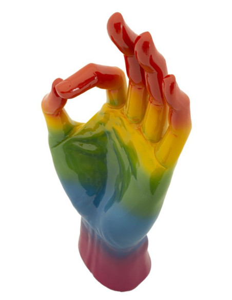 Statuette déco moderne Main Ok Hauteur 36 cm Résine Multicolore Motif Arc en ciel Rainbow 