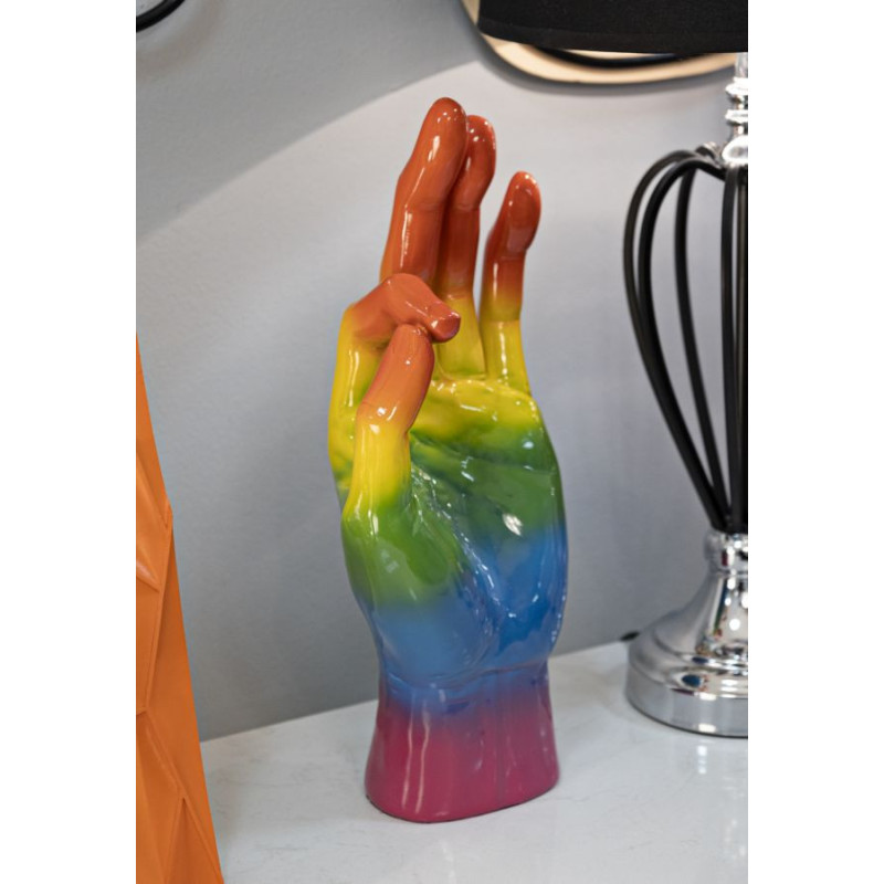 Statuette déco moderne Main Ok Hauteur 36 cm Résine Multicolore Motif Arc en ciel Rainbow 