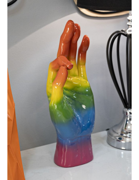 Statuette déco moderne Main Ok Hauteur 36 cm Résine Multicolore Motif Arc en ciel Rainbow 