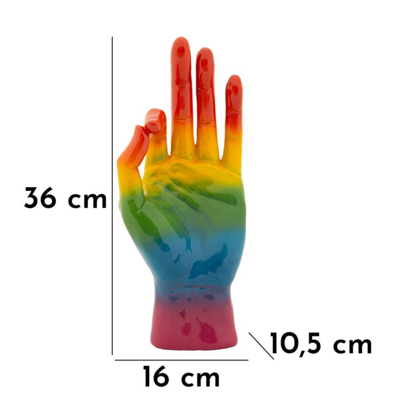 Statuette déco moderne Main Ok Hauteur 36 cm Résine Multicolore Motif Arc en ciel Rainbow 