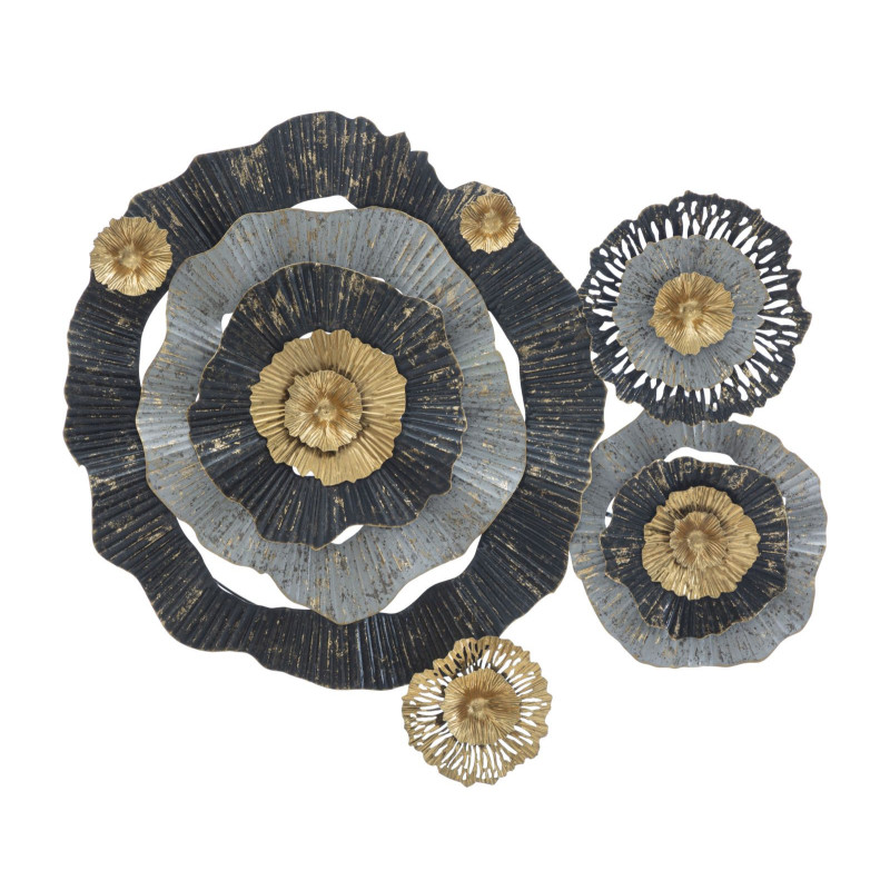 Grande Décoration murale moderne Fleurs abstraites 100x80 Métal Noir Gris Doré Otos 