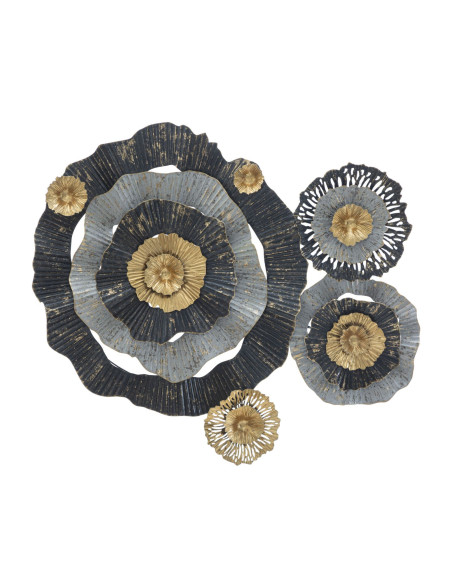 Grande Décoration murale moderne Fleurs abstraites 100x80 Métal Noir Gris Doré Otos 