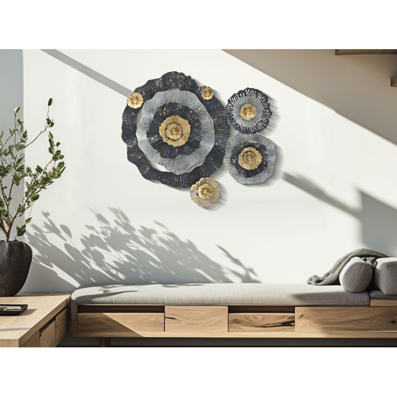 Grande Décoration murale moderne Fleurs abstraites 100x80 Métal Noir Gris Doré Otos 