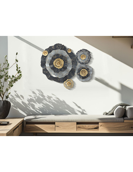 Grande Décoration murale moderne Fleurs abstraites 100x80 Métal Noir Gris Doré Otos 