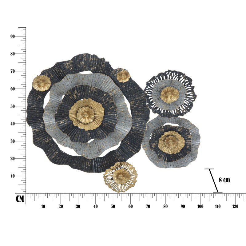 Grande Décoration murale moderne Fleurs abstraites 100x80 Métal Noir Gris Doré Otos 