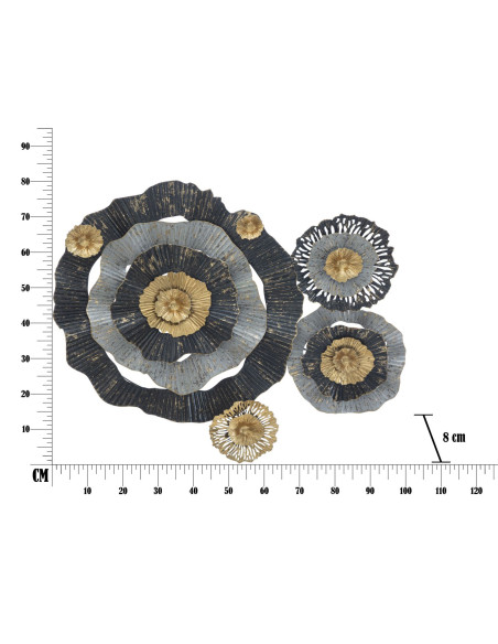 Grande Décoration murale moderne Fleurs abstraites 100x80 Métal Noir Gris Doré Otos 