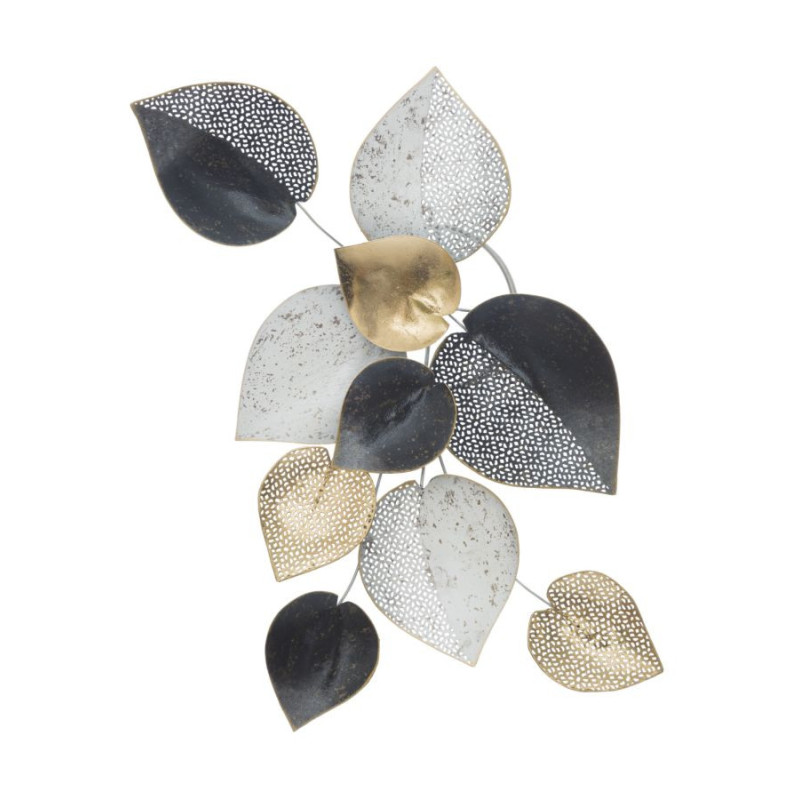Décoration murale moderne Feuilles 62x40 Métal Noir Blanc crème Doré Leaf 