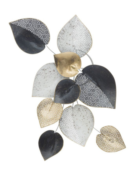 Décoration murale moderne Feuilles 62x40 Métal Noir Blanc crème Doré Leaf 