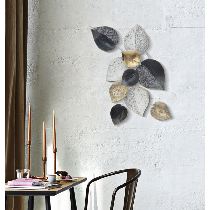 Décoration murale moderne Feuilles 62x40 Métal Noir Blanc crème Doré Leaf 