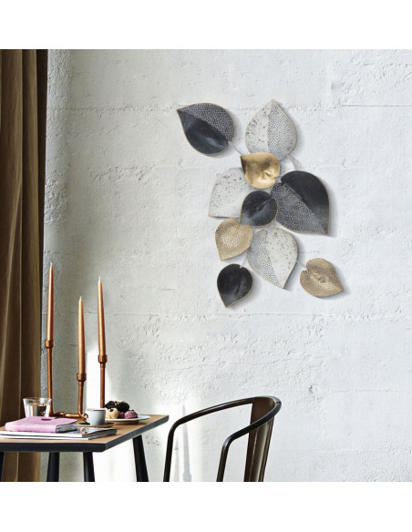 Décoration murale moderne Feuilles 62x40 Métal Noir Blanc crème Doré Leaf 