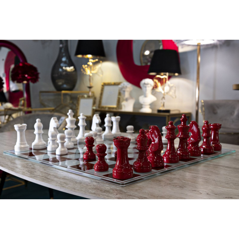 Grand Jeu d'échecs moderne chic 61 cm Verre Résine Rouge Blanc Scacchierra 