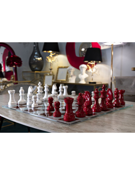 Grand Jeu d'échecs moderne chic 61 cm Verre Résine Rouge Blanc Scacchierra 