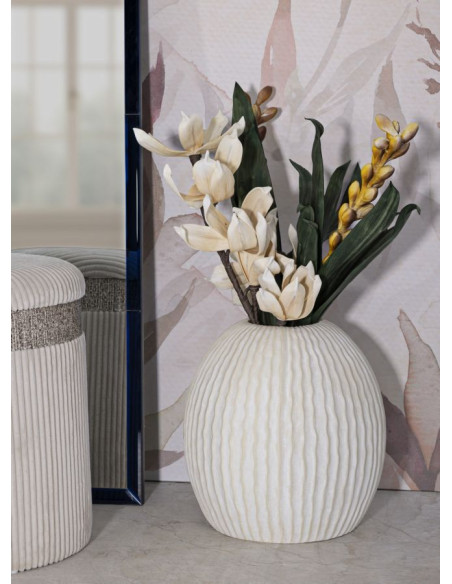 Vase moderne Rond Hauteur 38 cm Magnesium Oxide Blanc crème Motif strié Icicle 