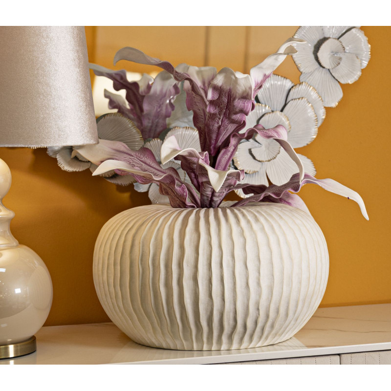 Vase moderne Rond Hauteur 23 cm Magnesium Oxide Blanc crème Motif strié Icicle 