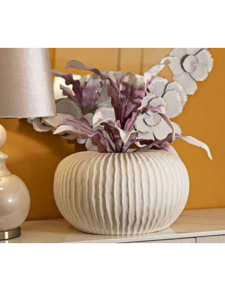 Vase moderne Rond Hauteur 23 cm Magnesium Oxide Blanc crème Motif strié Icicle 